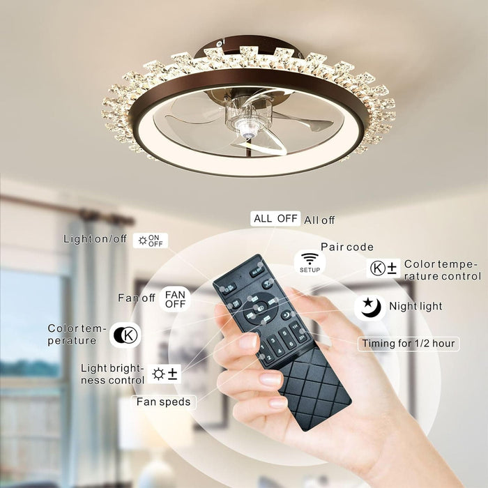 Modern Crystal Ceiling Fan with Lights and Remote, Black Flush Mount Dimmable LED Low Profile Ceiling Fan-6-ErisView