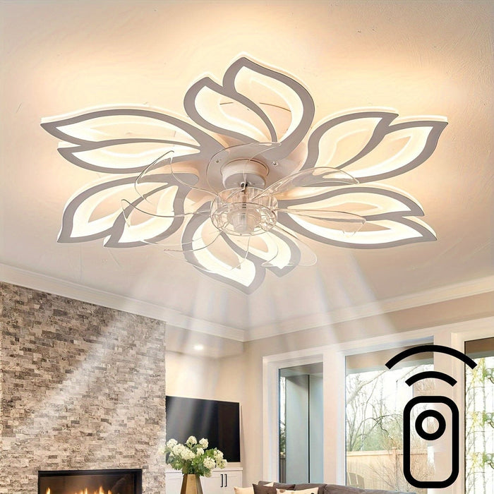 Modern Flower-Shaped Ceiling Fan with LED Light Remote Control, Smart Ceiling Fan for Living Room Bedroom Dining Room Kitchen-White-ErisView