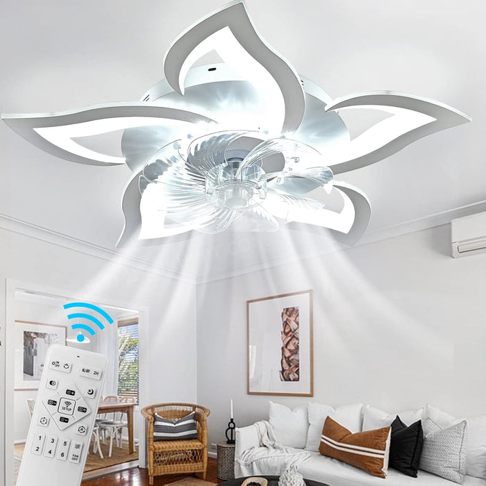 Modern Flower-Shaped Ceiling Fan with LED Light and Remote Control, Smart Dimmable Ceiling Fan for Living Room Bedroom Kitchen-White-ErisView