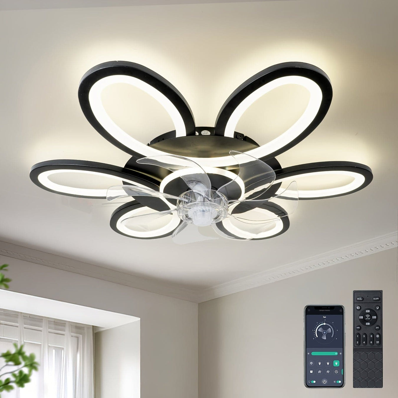 Modern Flower-Shaped LED Ceiling Fan with Light Remote Control, Dimmable Geometric Ceiling Fan for Living Room Bedroom Kitchen-Black-ErisView