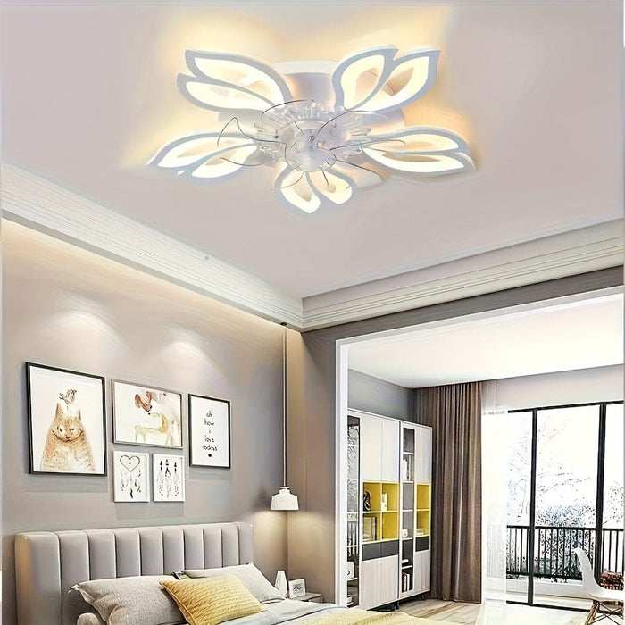 Modern Flower-Shaped LED Ceiling Fan with Light Remote Control, Dimmable Semi-Flush Mount Ceiling Fan Light Fixture for Living Room Dining Room Office Bedroom-White-ErisView