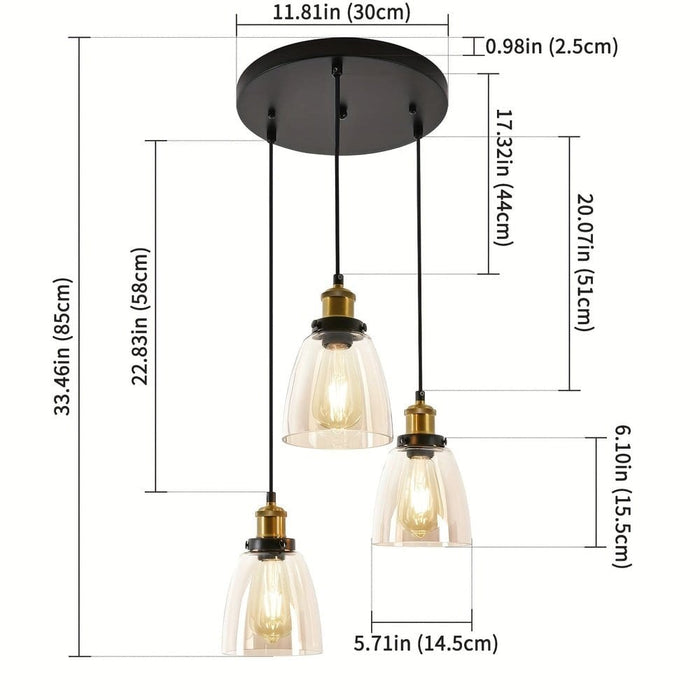 Modern Industrial Cluster Pendant Lighting, 3-Light Amber Glass Pendant Lights, Hanging Pendant Lights for Kitchen Island Living Room Bedroom ErisView