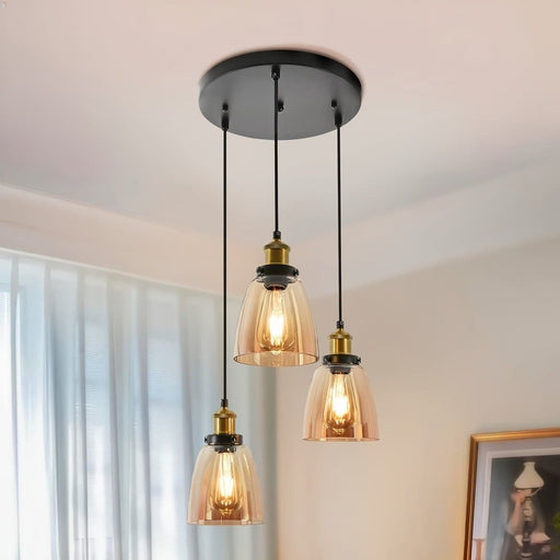 Modern Industrial Cluster Pendant Lighting, 3-Light Amber Glass Pendant Lights, Hanging Pendant Lights for Kitchen Island Living Room Bedroom ErisView