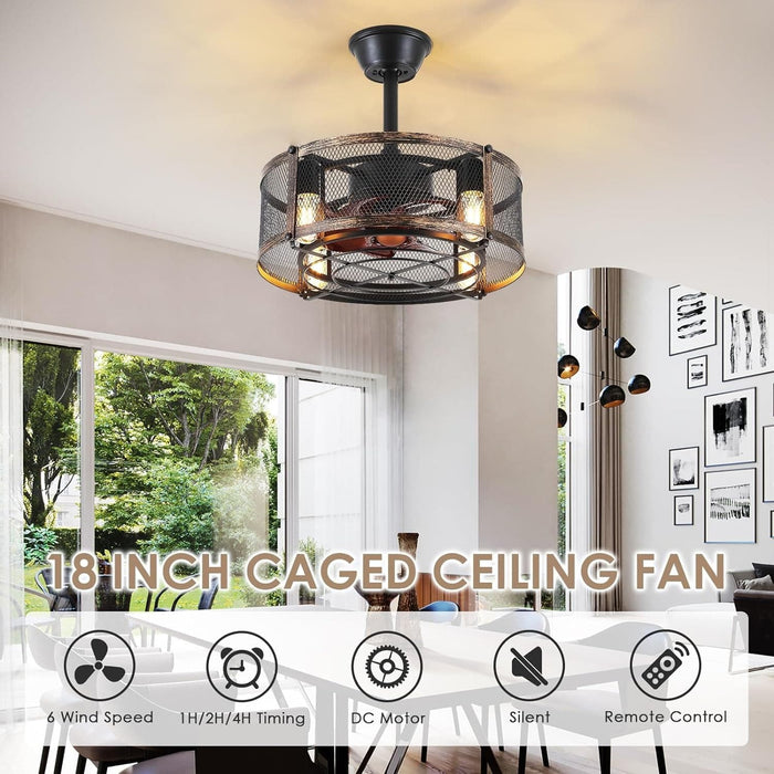 Modern Industrial Style Ceiling Fans, Caged Ceiling Fans with Remote, Farmhouse Black Enclosed Ceiling Fandelier-2-ErisView