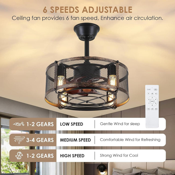 Modern Industrial Style Ceiling Fans, Caged Ceiling Fans with Remote, Farmhouse Black Enclosed Ceiling Fandelier-3-ErisView