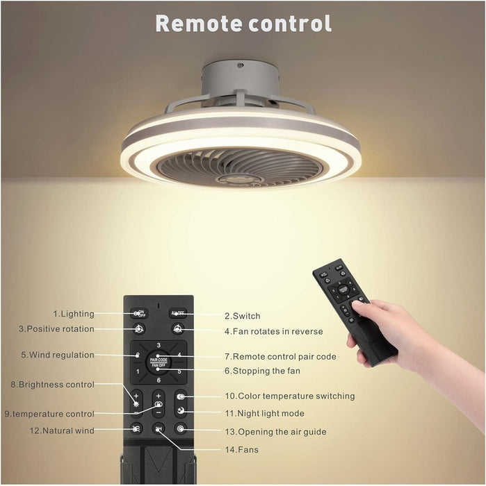 Modern Low Ceiling Fan and Light, Bladeless Remote Control Ceiling Fans, Enclosed Fandelier Flush Mount with Light for Bedroom Kitchen-3-ErisView