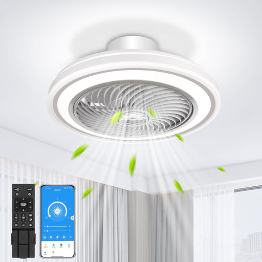 Modern Low Ceiling Fan and Light, Bladeless Remote Control Ceiling Fans, Enclosed Fandelier Flush Mount with Light for Bedroom Kitchen-1-ErisView