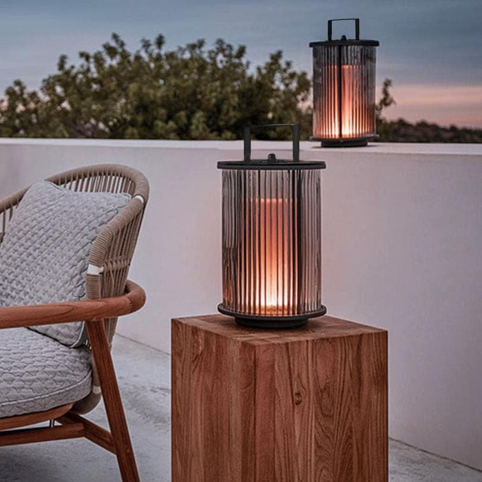 Modern Minimalist Outdoor Lantern with Ribbed Glass Frame and Stainless Steel Handle, Portable Garden and Patio Lighting Solution-ErisView-11