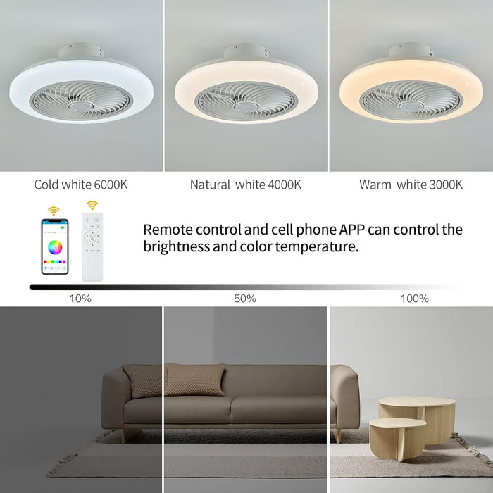 RGB Bladeless Ceiling Fan with Remote, Modern White Low Profile Flush Mount Ceiling Fan with Bluetooth Speaker for Bedroom Living Room Kids Room-3-ErisView