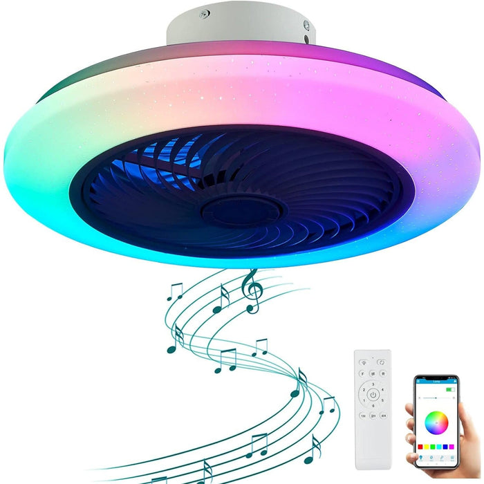 RGB Bladeless Ceiling Fan with Remote, Modern White Low Profile Flush Mount Ceiling Fan with Bluetooth Speaker for Bedroom Living Room Kids Room-1-ErisView