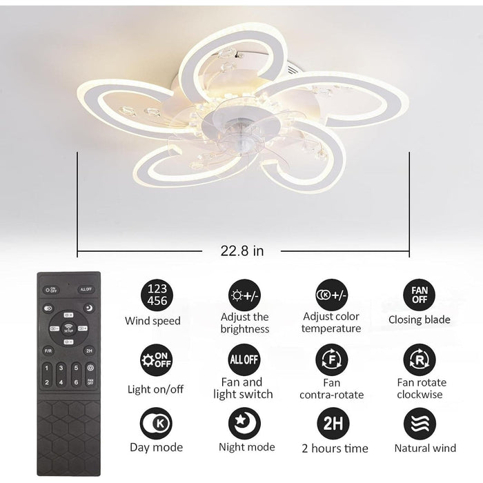 Remote Control Ceiling Fan with Light, Crystal Flower Ceiling Fan with Dimmable LED Light, Low Profile Flush Mount Ceiling Fan for Bedroom Living Room-2-ErisView