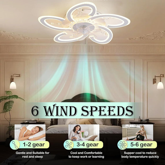 Remote Control Ceiling Fan with Light, Crystal Flower Ceiling Fan with Dimmable LED Light, Low Profile Flush Mount Ceiling Fan for Bedroom Living Room-3-ErisView