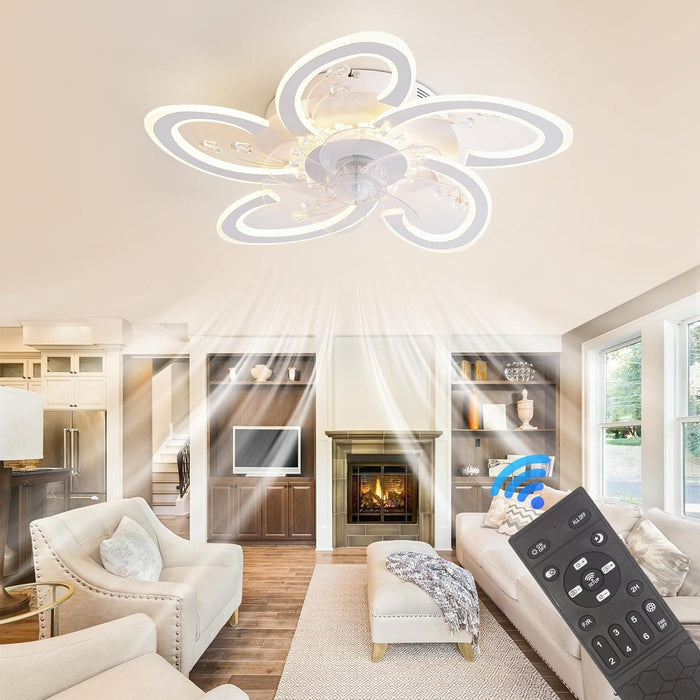 Remote Control Ceiling Fan with Light, Crystal Flower Ceiling Fan with Dimmable LED Light, Low Profile Flush Mount Ceiling Fan for Bedroom Living Room-1-ErisView