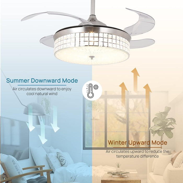 Retractable Ceiling Fan with Lights and Remote, Modern LED Ceiling Fan and Light, Crystal Fandelier Chandelier Fan for Bedroom Living Room Dining Room-3-ErisView