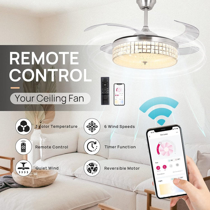 Retractable Ceiling Fan with Lights and Remote, Modern LED Ceiling Fan and Light, Crystal Fandelier Chandelier Fan for Bedroom Living Room Dining Room-4-ErisView