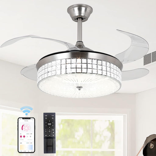 Retractable Ceiling Fan with Lights and Remote, Modern LED Ceiling Fan and Light, Crystal Fandelier Chandelier Fan for Bedroom Living Room Dining Room-1-ErisView