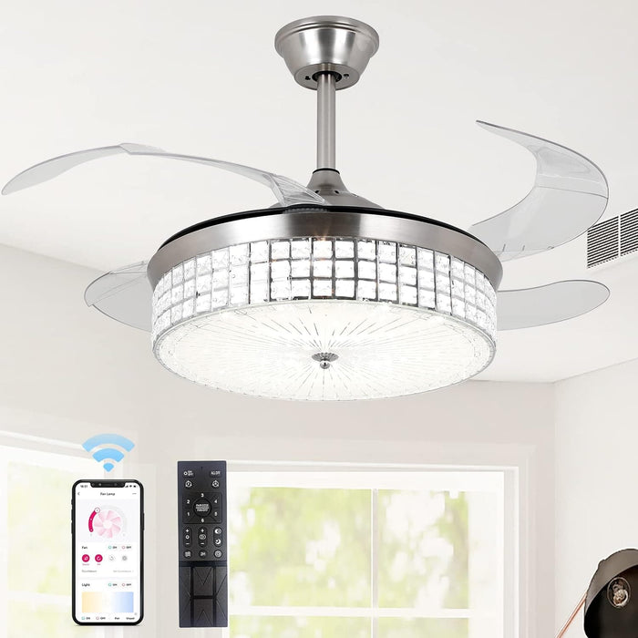 Retractable Ceiling Fan with Lights and Remote, Modern LED Ceiling Fan and Light, Crystal Fandelier Chandelier Fan for Bedroom Living Room Dining Room-1-ErisView