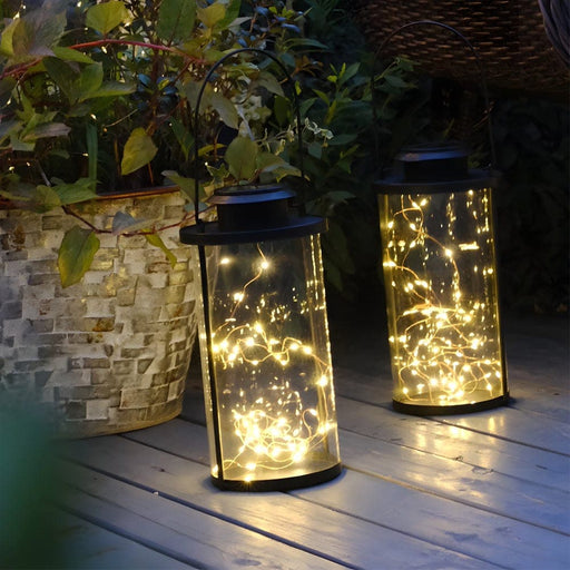 Retro Portable Solar Lanterns with 50 LED Lights, Durable Black Aluminum and Clear Glass for Outdoor Decor, Hang or Place Anywhere-ErisView-1