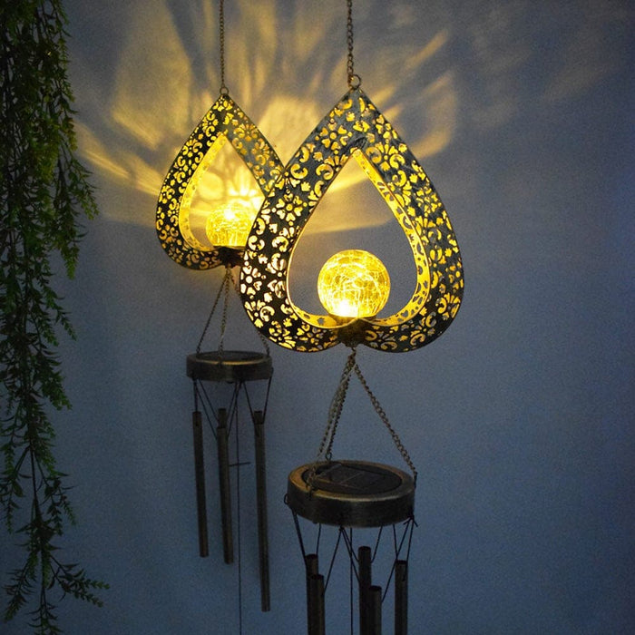 Romantic Heart Shaped Wind Chime with Solar Garden Light, Elegant Metal Craftsmanship and Crackled Glass Lampshade for Outdoor Decor-ErisView-1