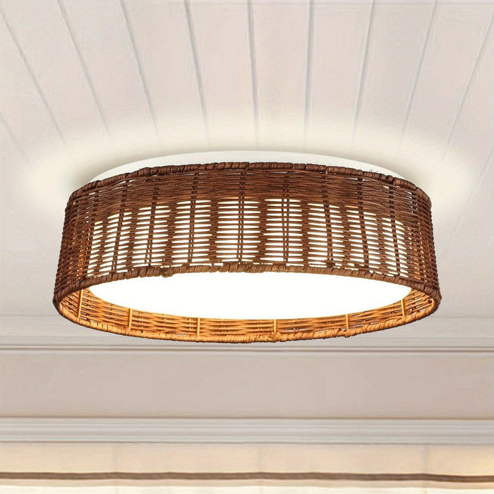 Round LED Flush Mount Ceiling Light with Rattan Shade-ErisView