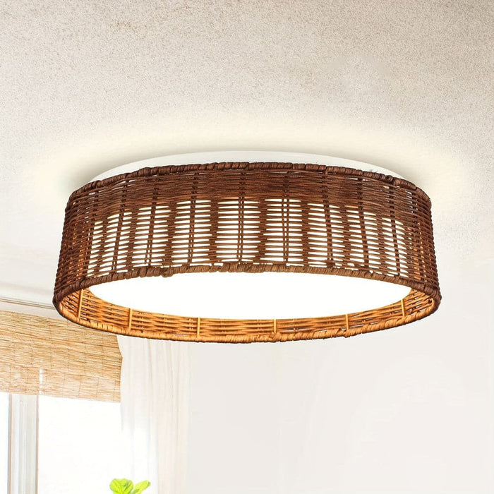 Round LED Flush Mount Ceiling Light with Rattan Shade-ErisView