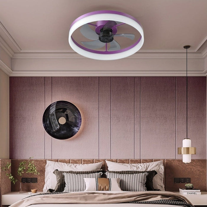 Round Purple Ceiling Fan with Lights, Modern Dimmable LED Ceiling Fan, Low Profile Ceiling Fan with Light Remote Control ErisView