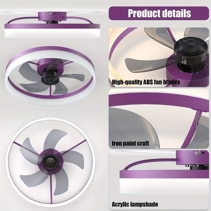 Round Purple Ceiling Fan with Lights, Modern Dimmable LED Ceiling Fan, Low Profile Ceiling Fan with Light Remote Control ErisView