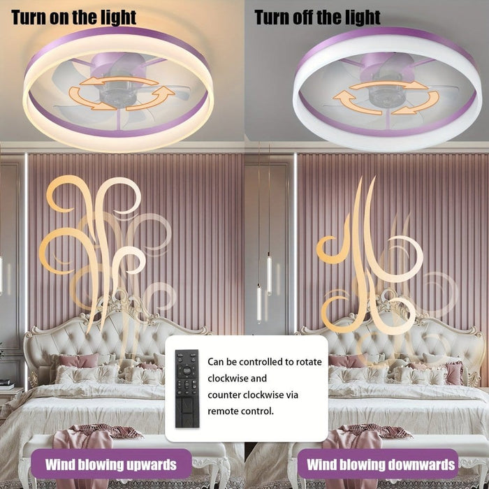 Round Purple Ceiling Fan with Lights, Modern Dimmable LED Ceiling Fan, Low Profile Ceiling Fan with Light Remote Control ErisView