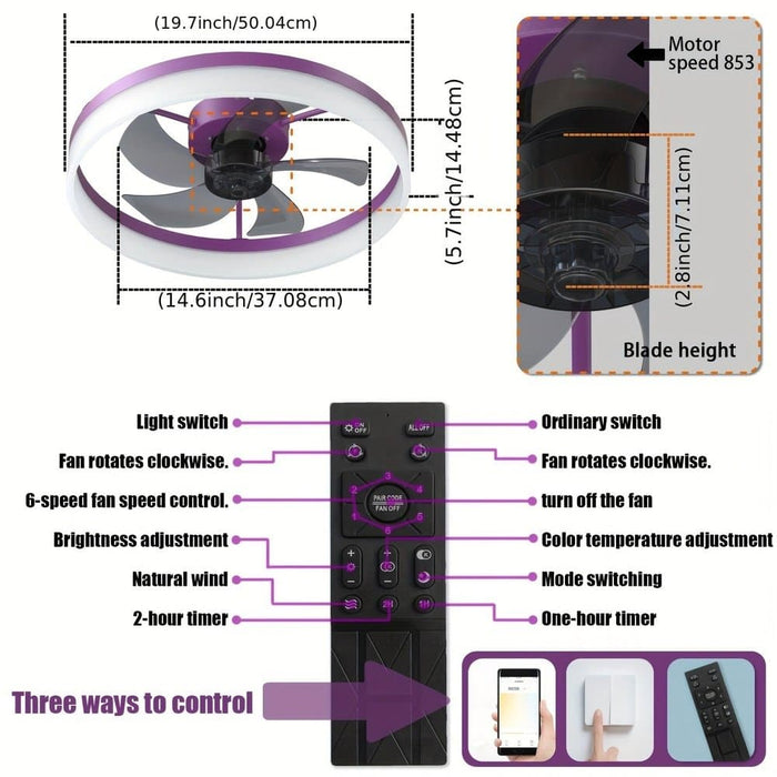 Round Purple Ceiling Fan with Lights, Modern Dimmable LED Ceiling Fan, Low Profile Ceiling Fan with Light Remote Control ErisView