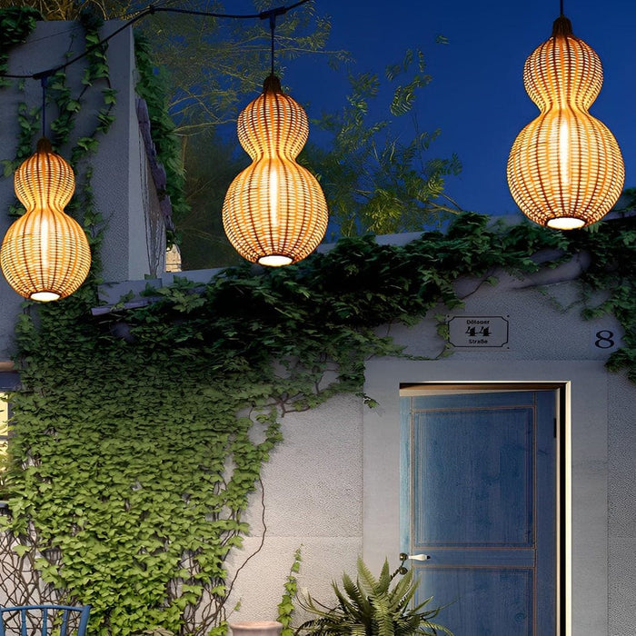 Rustic Gourd Shaped Outdoor Hanging Lights, Waterproof IP65 Rubber Rattan & Stainless Steel Chandelier for Garden, Courtyard, Villa Decor-ErisView-7