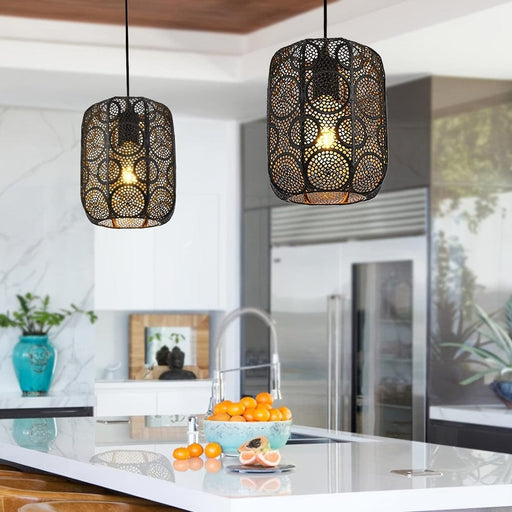 Set of 2 Black Hollow Lantern Pendant Light, Vintage Farmhouse Retro Pendant Lighting for Kitchen Island Dining Room Bedroom Hallway-ErisView