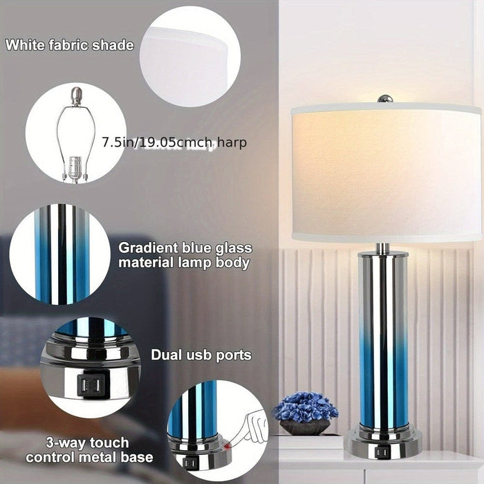 Set of 2 Contemporary Blue Table Lamp Desk Lamp with USB Port, Dimmable Bedside Lamp for Bedroom NightStand Living Room Office-ErisView