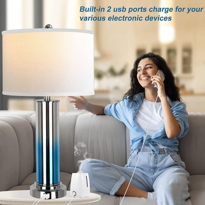 Set of 2 Contemporary Blue Table Lamp Desk Lamp with USB Port, Dimmable Bedside Lamp for Bedroom NightStand Living Room Office-ErisView