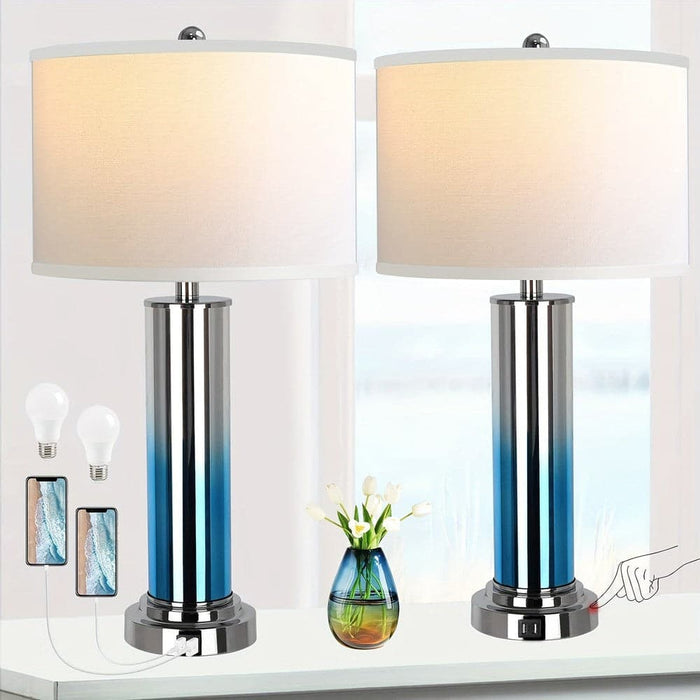 Set of 2 Contemporary Blue Table Lamp Desk Lamp with USB Port, Dimmable Bedside Lamp for Bedroom NightStand Living Room Office-ErisView