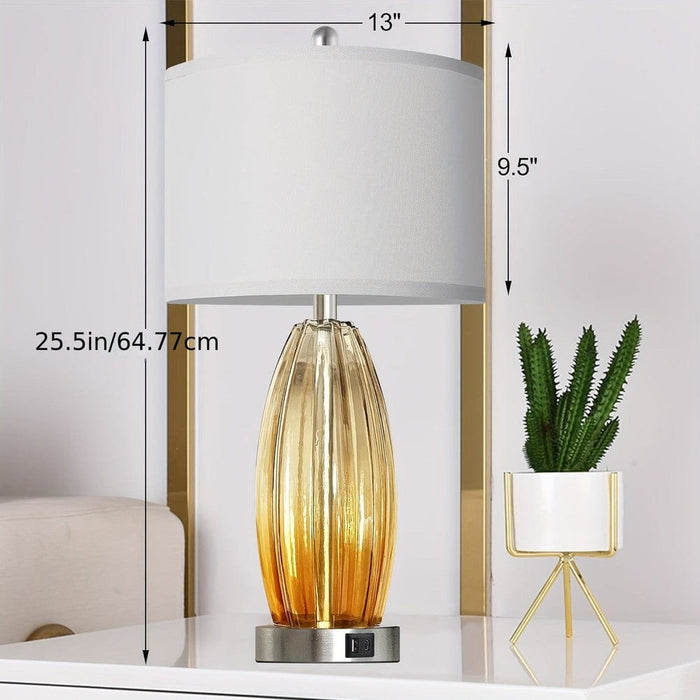 Set of 2 Contemporary Coastal Table Lamp Desk Lamp with USB Ports, Champagne Glass LED Bedside Lamp for Living Room Bedroom Nightstand Side Table End Table-ErisView