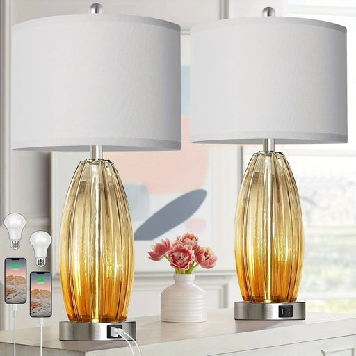 Set of 2 Contemporary Coastal Table Lamp Desk Lamp with USB Ports, Champagne Glass LED Bedside Lamp for Living Room Bedroom Nightstand Side Table End Table-ErisView