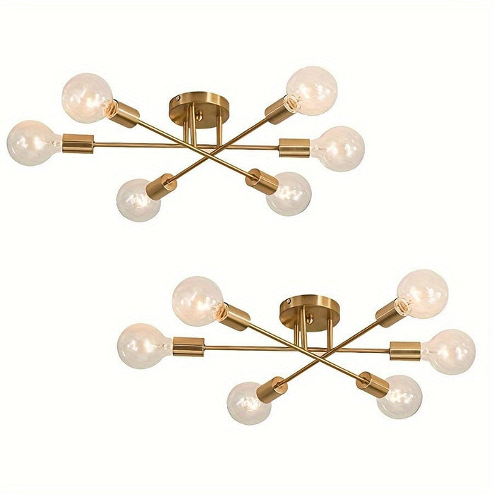 Set of 2 Gold Mid-Century Ceiling Light, 6-Light Sputnik Semi-Flush Mount Ceiling Light-ErisView