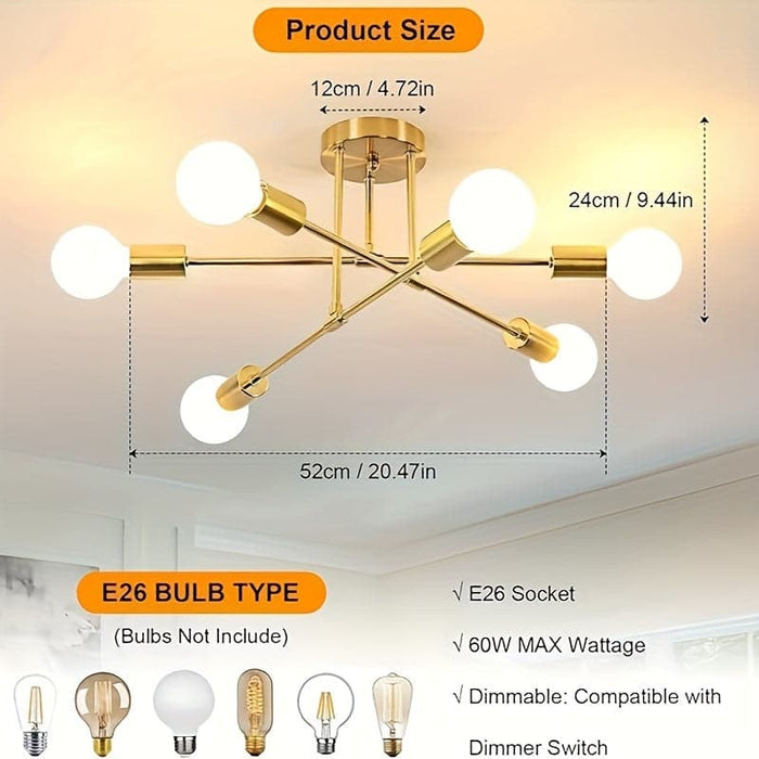 Set of 2 Gold Mid-Century Ceiling Light, 6-Light Sputnik Semi-Flush Mount Ceiling Light-ErisView