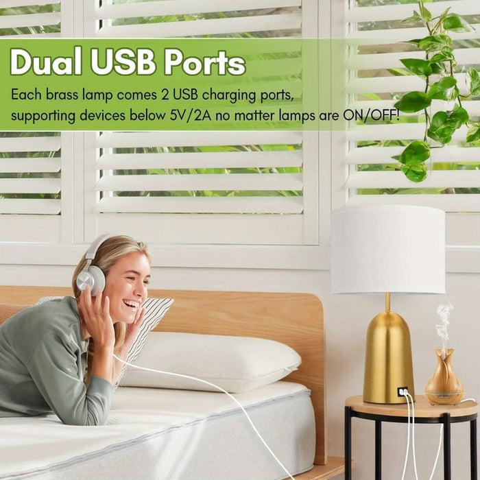 Set of 2 Gold Table Lamp with Dimmable Touch Control, Modern White Bedside Nightstand Lamp with USB Ports for Bedroom Living Room End Table Home Office-ErisView