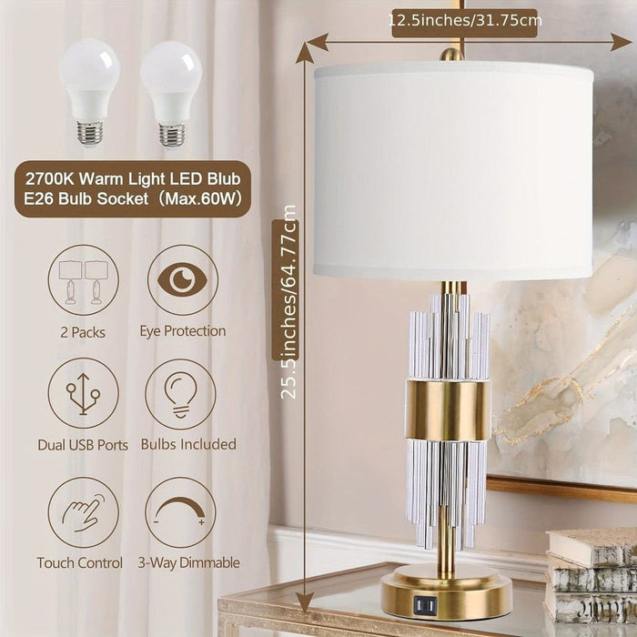 Set of 2 LED Gold Bedside Table Lamp with USB Ports Touch Control, Modern White Drum Shaped Table Lamp for Living Room Nightstand Bedroom Home Office Decor-ErisView