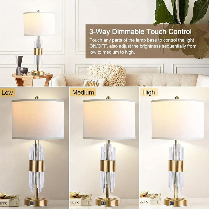 Set of 2 LED Gold Bedside Table Lamp with USB Ports Touch Control, Modern White Drum Shaped Table Lamp for Living Room Nightstand Bedroom Home Office Decor-ErisView