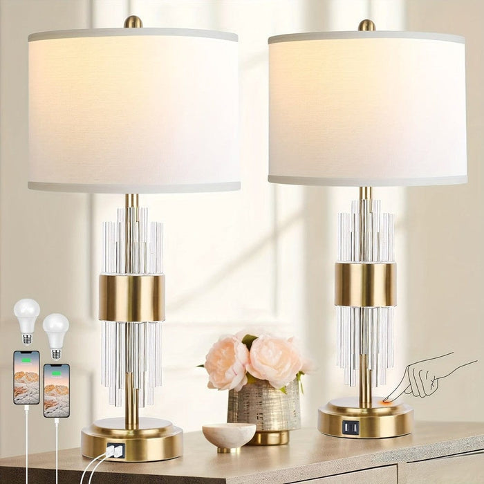 Set of 2 LED Gold Bedside Table Lamp with USB Ports Touch Control, Modern White Drum Shaped Table Lamp for Living Room Nightstand Bedroom Home Office Decor-ErisView