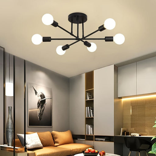 Set of 2 Modern Sputnik Semi Flush Mount Ceiling Light, 6-Light Chandelier for Dining Room Kitchen Bedroom Bathroom-Black-ErisView