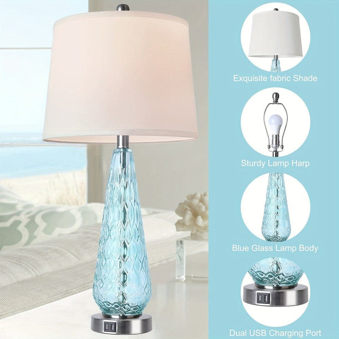 Set of 2 Modern Table Lamp Bedside Lamp with Blue Glass Base White Fabric Shade, Dimmable Touch Table Lamp with USB Port for Living Room Bedroom-ErisView