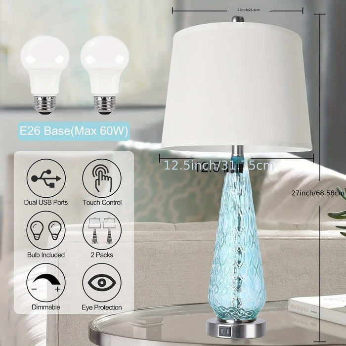 Set of 2 Modern Table Lamp Bedside Lamp with Blue Glass Base White Fabric Shade, Dimmable Touch Table Lamp with USB Port for Living Room Bedroom-ErisView