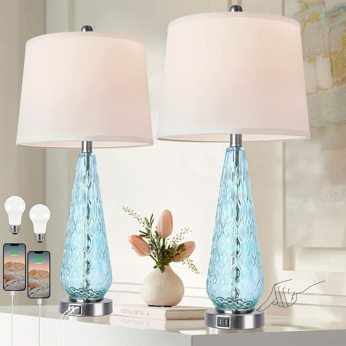 Set of 2 Modern Table Lamp Bedside Lamp with Blue Glass Base White Fabric Shade, Dimmable Touch Table Lamp with USB Port for Living Room Bedroom-ErisView