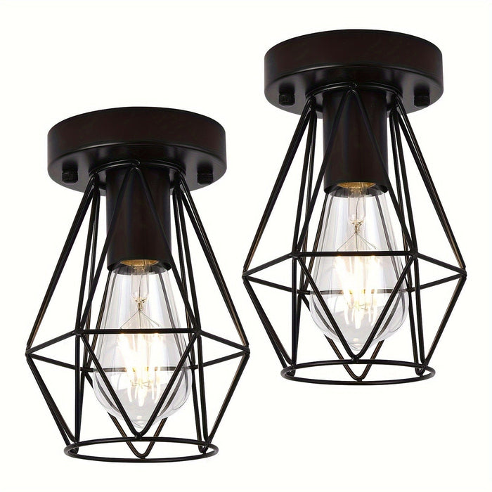 Set of 2 Semi-Flush Mount Ceiling Light with Metal Cage, Industrial Hollow Flush Mount Ceiling Light-ErisView