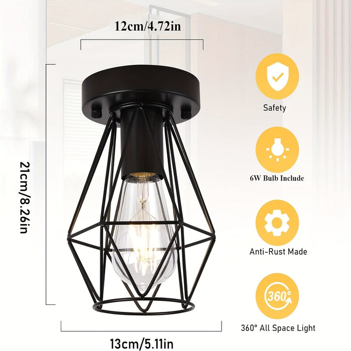 Set of 2 Semi-Flush Mount Ceiling Light with Metal Cage, Industrial Hollow Flush Mount Ceiling Light-ErisView