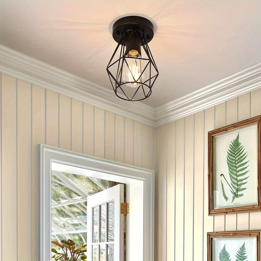 Set of 2 Semi-Flush Mount Ceiling Light with Metal Cage, Industrial Hollow Flush Mount Ceiling Light-ErisView