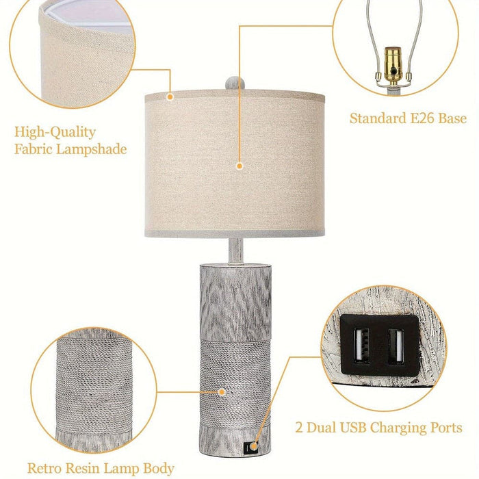 Set of 2 Traditional Table Lamp Desk Lamp, Farmhouse Bedside Lamp with USB Port Rotary Switch for Livirng Room Bedroom Table NightStand-ErisView